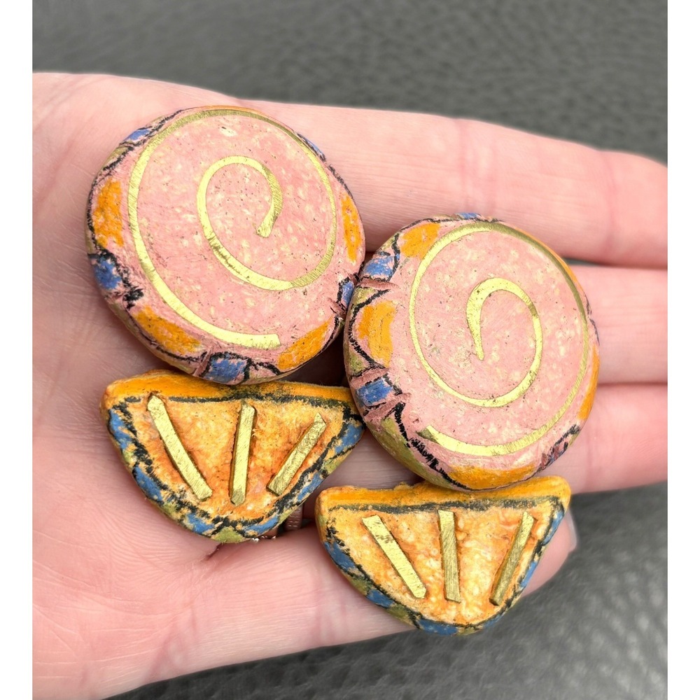 Vintage 80s Runway Bold Handmade Paper Earrings Haute Couture Pink Orange Gold